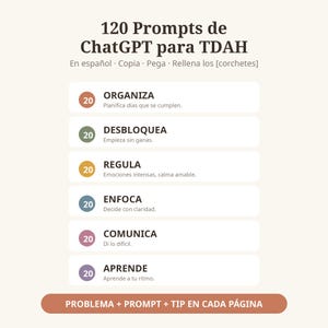 Könnte beinhalten: Ein digitales Dokument mit dem Titel 120 Prompts de ChatGPT para TDAH, das sechs Kategorien enthält: Organiza, Desbloquea, Regula, Enfoca, Comunica und Aprende. Jeder Abschnitt enthält ein kreisförmiges Symbol mit der Zahl 20 und einen kurzen Text.