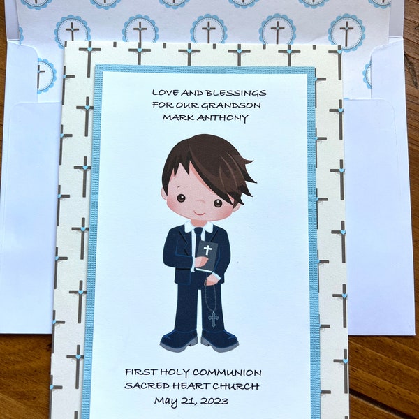 First Communion Card-5 Boy Choices-For Son-Grandson Godson-Nephew-Any Boy Personalized With Name and Date Church