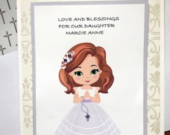 First Communion Card-2 Hair Color Choices-Daughter-Granddaughter-Goddaughter-Niece-Any Girl-Personalized With Name and Date