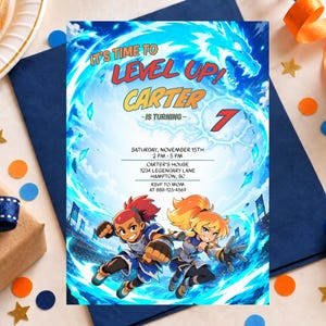 May include: A rectangular birthday invitation card featuring a blue energy theme with a dragon illustration. The text reads: IT'S TIME TO LEVEL UP! CARTER IS TURNING 7, SATURDAY, NOVEMBER 15TH, 2 PM - 5 PM, CARTER'S HOUSE, 1234 LEGENDARY LANE, HAMPTON, SC, RSVP TO MOM AT 888-123-4569.