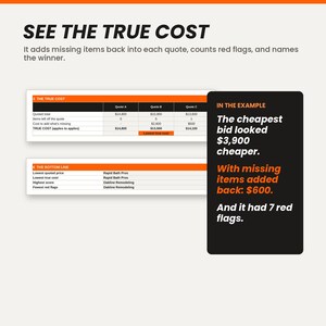 May include: An infographic titled SEE THE TRUE COST with text explaining how to compare quotes. It features two tables comparing Quote A, B, and C, and a black box with white and orange text stating the cheapest bid was $3,900 cheaper.