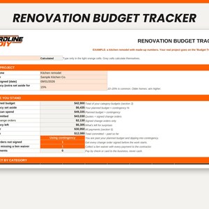 May include: A digital renovation budget tracker spreadsheet with a white background and orange headers. The document features sections for project details, financial standing, and category breakdowns, including text labels like Hardline DIY.
