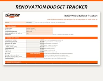May include: A digital renovation budget tracker spreadsheet with a white background and orange headers. The document features sections for project details, financial standing, and category breakdowns, including text labels like Hardline DIY.