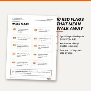 May include: A white informational document titled 10 Red Flags that lists ten warning signs for contractor quotes. The text includes points like cash only, no license, and skipping permits, with a footer explaining how to use the checklist.
