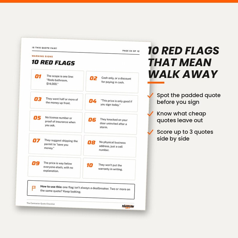 May include: A white informational document titled 10 Red Flags that lists ten warning signs for contractor quotes. The text includes points like cash only, no license, and skipping permits, with a footer explaining how to use the checklist.