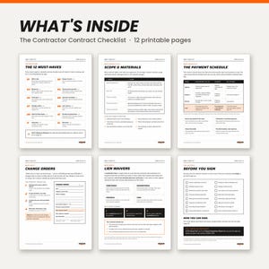 May include: A digital document titled WHAT'S INSIDE The Contractor Contract Checklist consisting of 12 printable pages. The image displays six pages featuring black text on white backgrounds, including sections for must-haves, scope, materials, payment schedules, change orders, lien waivers, and a sign-off checklist.