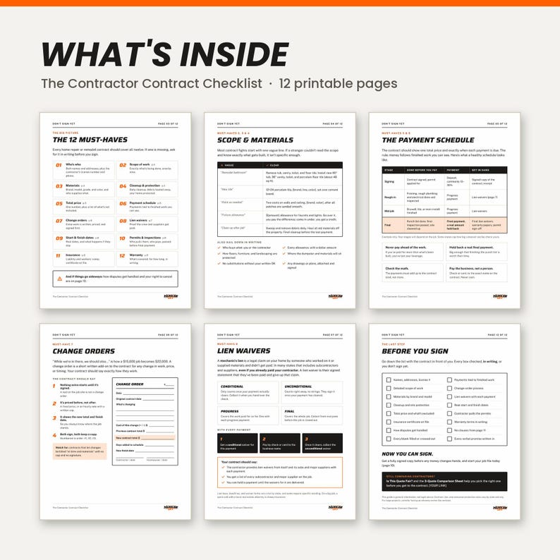 May include: A digital document titled WHAT'S INSIDE The Contractor Contract Checklist consisting of 12 printable pages. The image displays six pages featuring black text on white backgrounds, including sections for must-haves, scope, materials, payment schedules, change orders, lien waivers, and a sign-off checklist.
