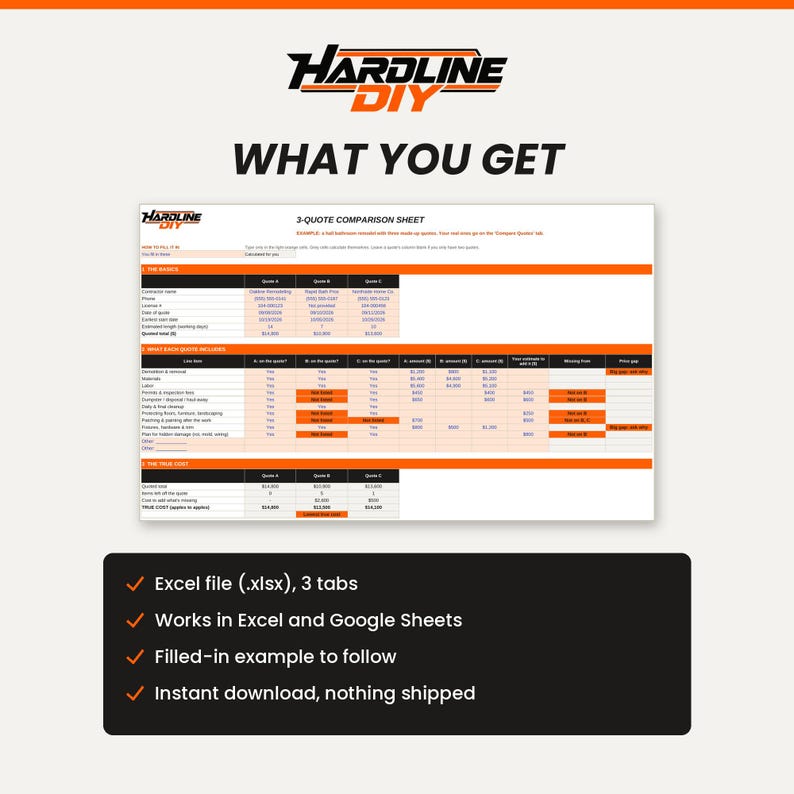 May include: A digital 3-quote comparison sheet template by Hardline DIY. The document features sections for contractor details, line item inclusions, and true cost calculations. It includes an Excel file with three tabs, compatible with Excel and Google Sheets, and provides a filled-in example for reference.