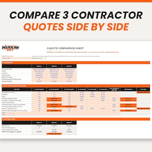 May include: A 3-quote comparison sheet document with the title COMPARE 3 CONTRACTOR QUOTES SIDE BY SIDE. The form includes sections for the basics, what each quote includes, and the true cost, featuring columns for three different contractors.