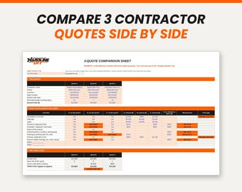 May include: A 3-quote comparison sheet document with the title COMPARE 3 CONTRACTOR QUOTES SIDE BY SIDE. The form includes sections for the basics, what each quote includes, and the true cost, featuring columns for three different contractors.