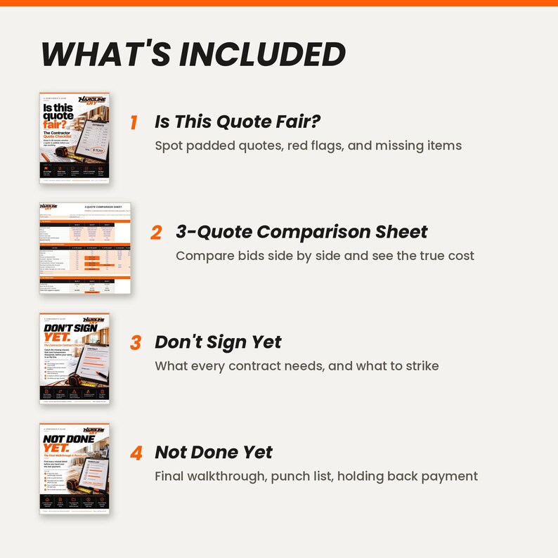 May include: A digital document set titled WHAT'S INCLUDED featuring four guides: Is This Quote Fair, 3-Quote Comparison Sheet, Don't Sign Yet, and Not Done Yet. Each guide includes a cover image, a title, and a brief description of its contents.