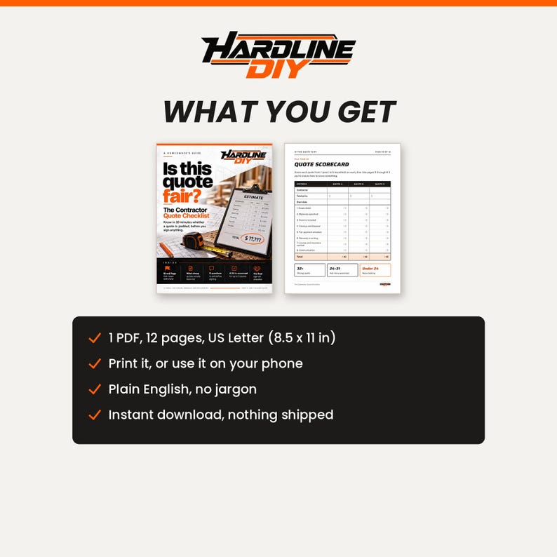 May include: A digital document titled Is this quote fair? The Contractor Quote Checklist, featuring a 12-page PDF in 8.5 x 11 inch US Letter format. It includes a quote scorecard, a guide for evaluating contractor estimates, and clear text.