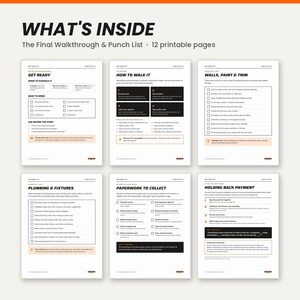 May include: A set of 12 printable pages titled WHAT'S INSIDE The Final Walkthrough & Punch List. The documents feature checklists and instructions for home inspections, covering topics like walls, paint, trim, plumbing, fixtures, and paperwork.