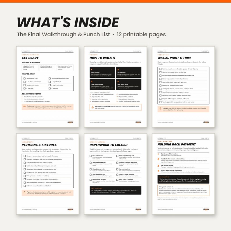 May include: A set of 12 printable pages titled WHAT'S INSIDE The Final Walkthrough & Punch List. The documents feature checklists and instructions for home inspections, covering topics like walls, paint, trim, plumbing, fixtures, and paperwork.