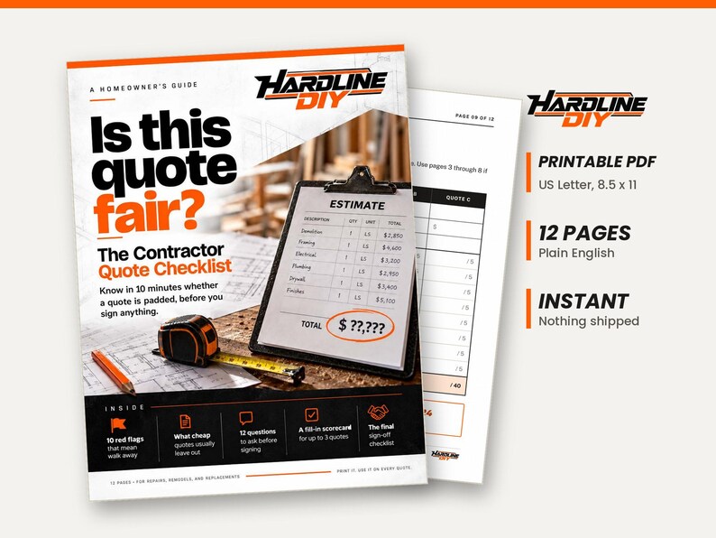 May include: A 12-page printable PDF homeowner's guide titled Is this quote fair? The Contractor Quote Checklist. The cover features a clipboard with an estimate, a tape measure, and a pencil. It is formatted for 8.5 x 11 inch US Letter paper.