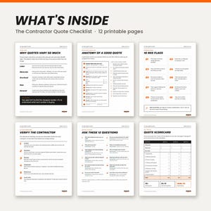 May include: A digital document titled WHAT'S INSIDE The Contractor Quote Checklist consisting of 12 printable pages. The image displays six pages featuring text sections titled Why Quotes Vary So Much, Anatomy of a Good Quote, 10 Red Flags, Verify the Contractor, Ask These 12 Questions, and Quote Scorecard.