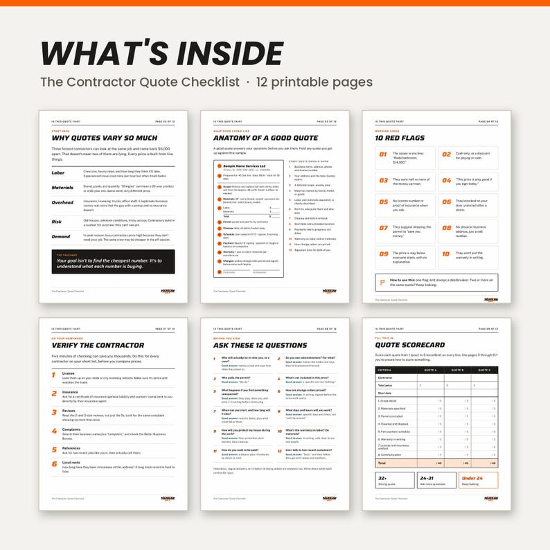 May include: A digital document titled WHAT'S INSIDE The Contractor Quote Checklist consisting of 12 printable pages. The image displays six pages featuring text sections titled Why Quotes Vary So Much, Anatomy of a Good Quote, 10 Red Flags, Verify the Contractor, Ask These 12 Questions, and Quote Scorecard.