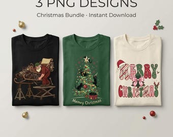 May include: Three t-shirts featuring Christmas designs. The black shirt shows a person working on a sleigh engine. The green shirt displays a decorated tree with black cats and the text Meowy Christmas. The cream shirt features the text Merry Christmas.