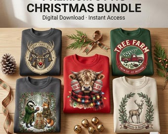 May include: A digital download bundle featuring five Christmas-themed graphic designs on sweatshirts. The designs include a reindeer, a highland cow with lights, a tree farm truck, a badger and fox with gifts, and a deer in a wreath.