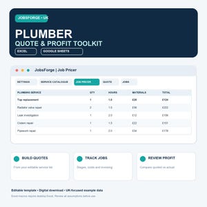 Spreadsheet voor offertes en kostenberekening van loodgieters in het VK, geschikt voor Excel en Google Sheets.