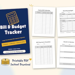 Puede incluir: Una portada de rastreador de facturas y presupuesto azul oscuro con un icono de calculadora amarillo, junto a cuatro páginas imprimibles blancas: calendario anual, presupuesto mensual, lista de pagos y revisión mensual. Texto: Orderly Home Studio.