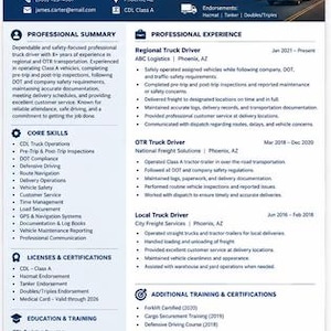 Pode incluir: Um currículo profissional para James R. Carter, motorista de caminhão. O documento inclui dados de contato, resumo profissional, habilidades, experiência de trabalho, licenças, certificações e educação, com um cabeçalho azul e imagem de um caminhão.