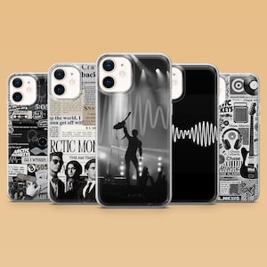 May include: Five clear smartphone cases featuring various black and white designs. The cases display collages of music-themed imagery, including a concert silhouette, a sound wave graphic, vintage newspaper clippings, and illustrations of guitars.