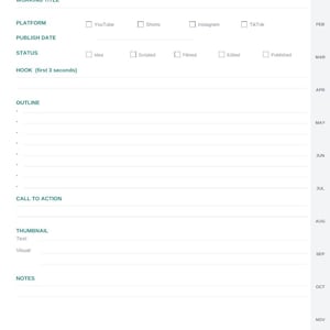 May include: A digital planner page titled Video Project #1 with sections for working title, platform, publish date, status, hook, outline, call to action, thumbnail, and notes. The layout includes checkboxes for YouTube, Shorts, Instagram, and TikTok.