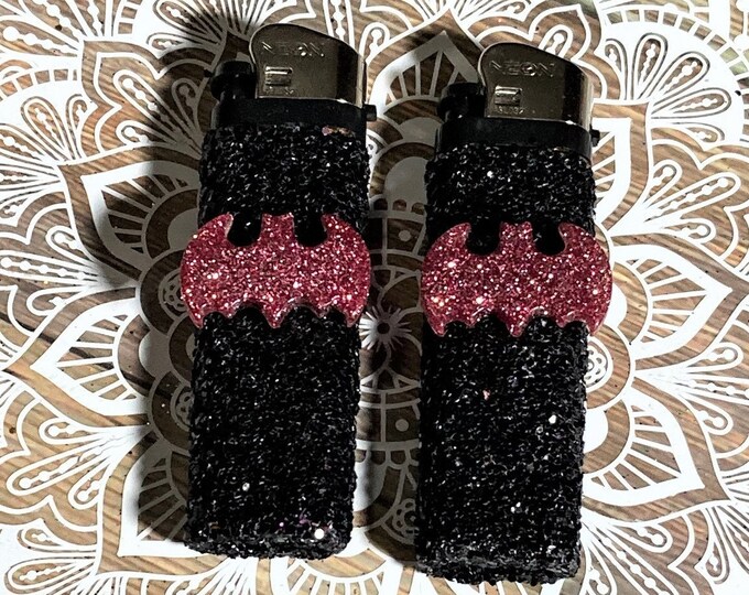 Bat Lighter Set, Black Glitter Lighters, Set of 2 Decorated Disposable
