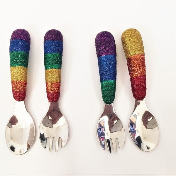 Rainbow silverware for kids, Travel silverware with carrying case, Childrens custom spoon and fork, Sparkly place setting, Fun novelty gift