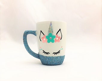 Unicorn coffee mug, Blue glitter unicorn cup, Unicorn gift for girls, Magical mug for kids, Coffee lover gift