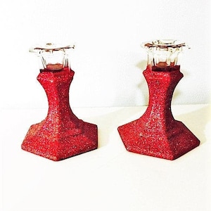Red glitter candle holders, Sparkly Glam wedding candle set, Memorable candle ceremony, Tapered candle holder, Vintage glass home decor