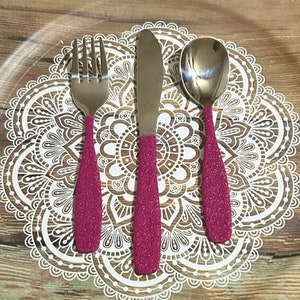 Hot pink glitter silverware for children, Custom Easter spoon fork knife, lam party favor idea, Princess table decor, Fun table accents