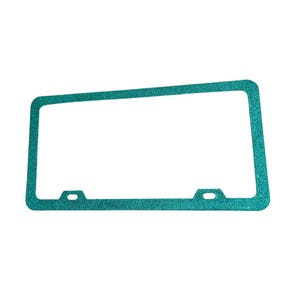 May include: A rectangular license plate frame with a vibrant teal glitter finish. The frame features a simple, clean-lined design with two mounting holes positioned along the bottom edge for secure attachment to a vehicle's exterior license plate.