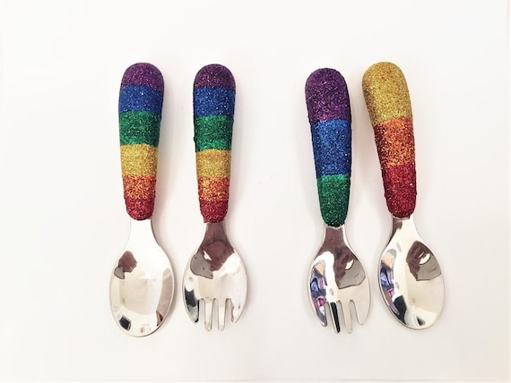 Rainbow Silverware for Kids, Travel Silverware With Carrying Case,  Childrens Custom Spoon and Fork, Sparkly Place Setting, Fun Novelty Gift 