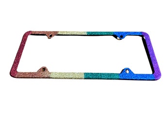 Rainbow Glitter License Plate Frame, Glam Car Accessory, Stainless Steel