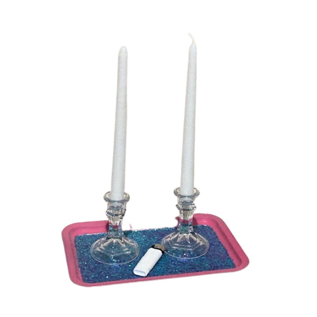 White Glitter Taper Candle and Lighter Set, Wedding Unity Candles