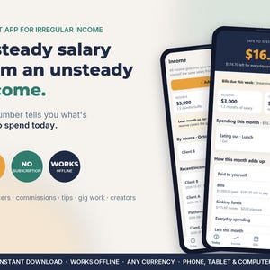 Pode incluir: Uma interface digital para um aplicativo de orçamento para renda irregular. O texto diz: A steady salary from an unsteady income. One number tells you what's safe to spend today. Dois smartphones exibem dados financeiros, incluindo um valor disponível de $16,64, rendas, contas e categorias de despesas.