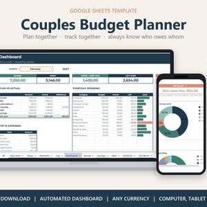 Op de afbeelding: Een digitale Google Sheets-sjabloon voor een budgetplanner voor koppels, weergegeven op een laptop- en smartphonescherm. De interface bevat een dashboard met trackers voor inkomsten, uitgaven en besparingen, plus ronde badges met belangrijke functies.