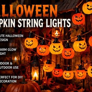 Könnte beinhalten: Eine Lichterkette mit orangefarbenen kürbisförmigen Lichtern, die jeweils mit einem kleinen schwarzen Hut versehen sind. Die Kürbisse haben geschnitzte Jack-o'-Lantern-Gesichter, die warm leuchten. Der Text HALLOWEEN PUMPKIN STRING LIGHTS ist abgebildet.