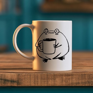 Brommerige kikker met koffiemok, grappige ochtendstemming, doodle mok, schattig cadeau voor dierenliefhebbers, unisex, droge inkttekening