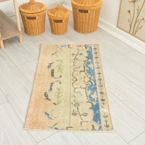 May include: A rectangular area rug featuring a faded color palette of peach, light green, and blue. The rug displays a central floral pattern with intricate botanical motifs and a distinct blue border decorated with small, repeating dark shapes.