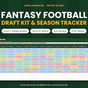 Fantasy Spreadsheet for Football, Snake Draft Board and Season Tracker Kit