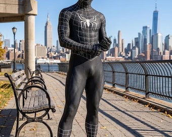 Fantasia masculina preta do Homem-Aranha, macacão completo para cosplay no Halloween.