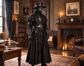 Könnte beinhalten: Ein schwarzes Pestdoktor-Kostüm bestehend aus einem langen Mantel mit Capelet, einem breitkrempigen Hut und einer vogelartigen Schnabelmaske mit runden Gläsern. Das Outfit umfasst einen Ledergürtel mit kleiner Tasche und Schnallen-Handschuhe.