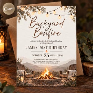 May include: A rectangular invitation card for a Backyard Bonfire 51st birthday party. The design features string lights, a stone fire pit, two wooden chairs, and text detailing the event for James on October 25 from 6pm to 10pm at 123 Pavillion Road.