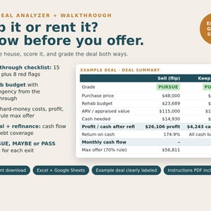 May include: A digital flip deal analyzer and walkthrough tool for real estate. The graphic displays text including Flip it or rent it? Know before you offer, and a table comparing sell and keep options with financial data like purchase price.