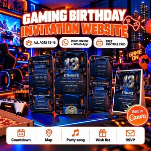 13th Birthday Invitation Website Boy, Gaming Party 13 14 15 16, Teen Video Game Evite, RSVP + Free Printable Card, Canva