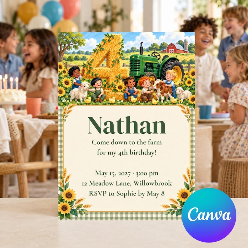 Farm Tractor 4th Birthday Invitation | Barnyard Boy Party Invite ...