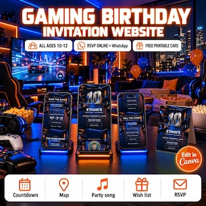 Gaming Birthday Invitation Website, 10th 11th 12th Birthday Boy, Video Game Party Evite, RSVP + Free Printable Card, Canva